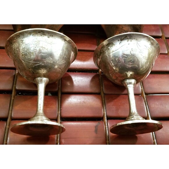 Vintage Pair of Silver Plated Copper Goblets w/ Hand Etched Dragon Motif - Picture 5 of 7